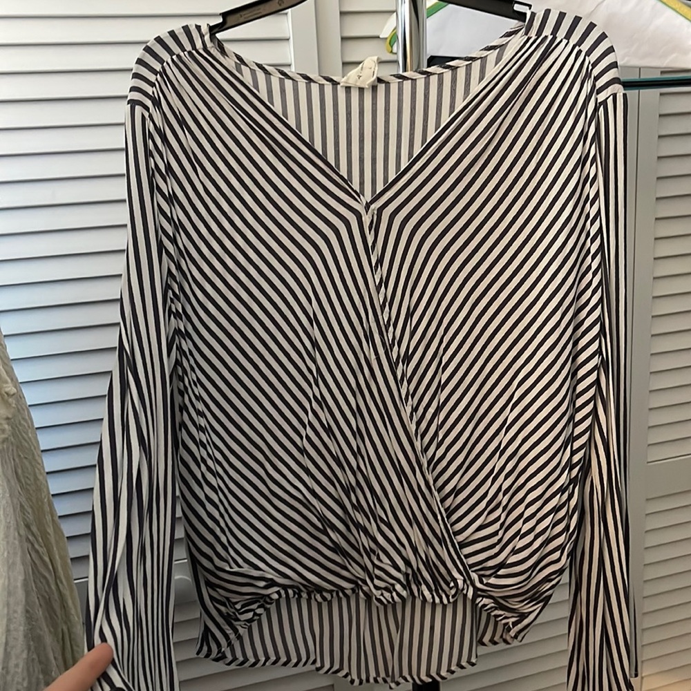 Grey, white striped long sleeve business casual blouse